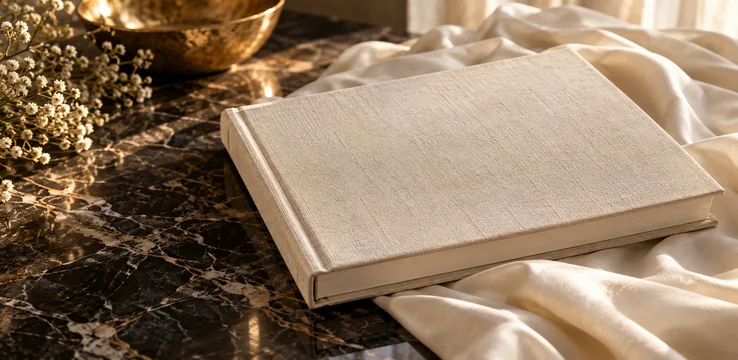 Linen portrait album on ivory fabric and marble