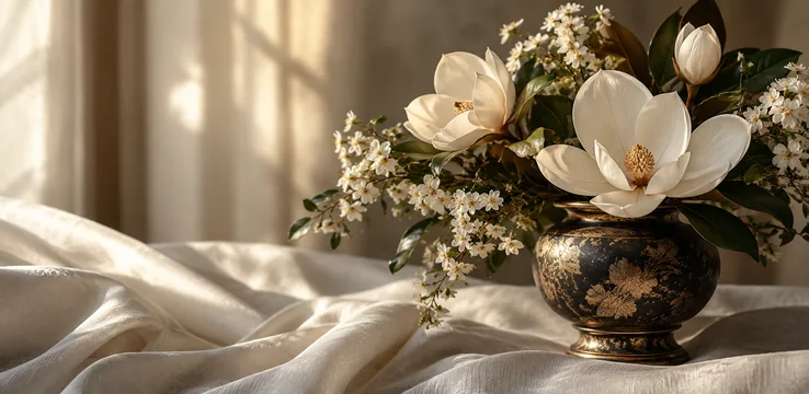 White flowers in a dark gold vase on soft ivory fabric